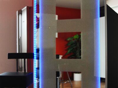 Glaszone Room Divider with crystal filling and blue RGB-lighting