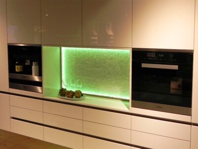 Glaszone Kitchen Splashback with green LED-lighting